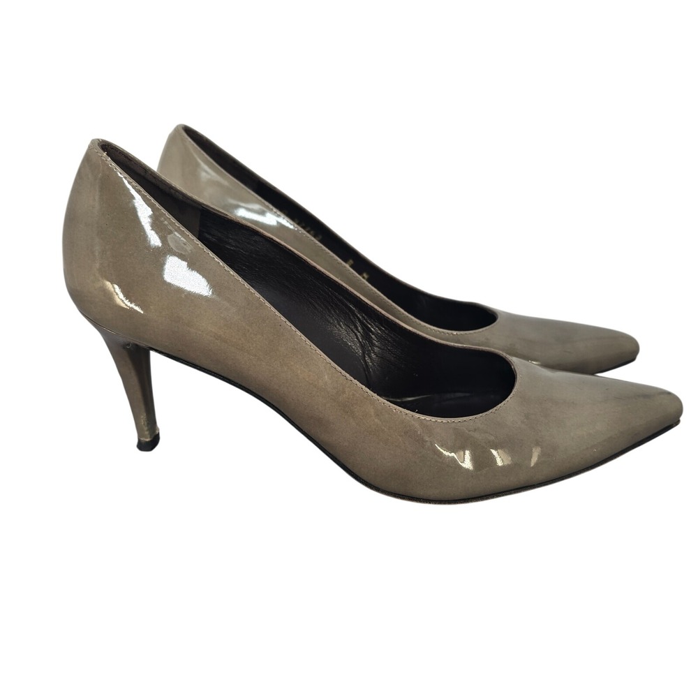 Stuart Weitzman Taupe Patent Leather Pointed Toe Stiletto Pumps Heels Spain 8M